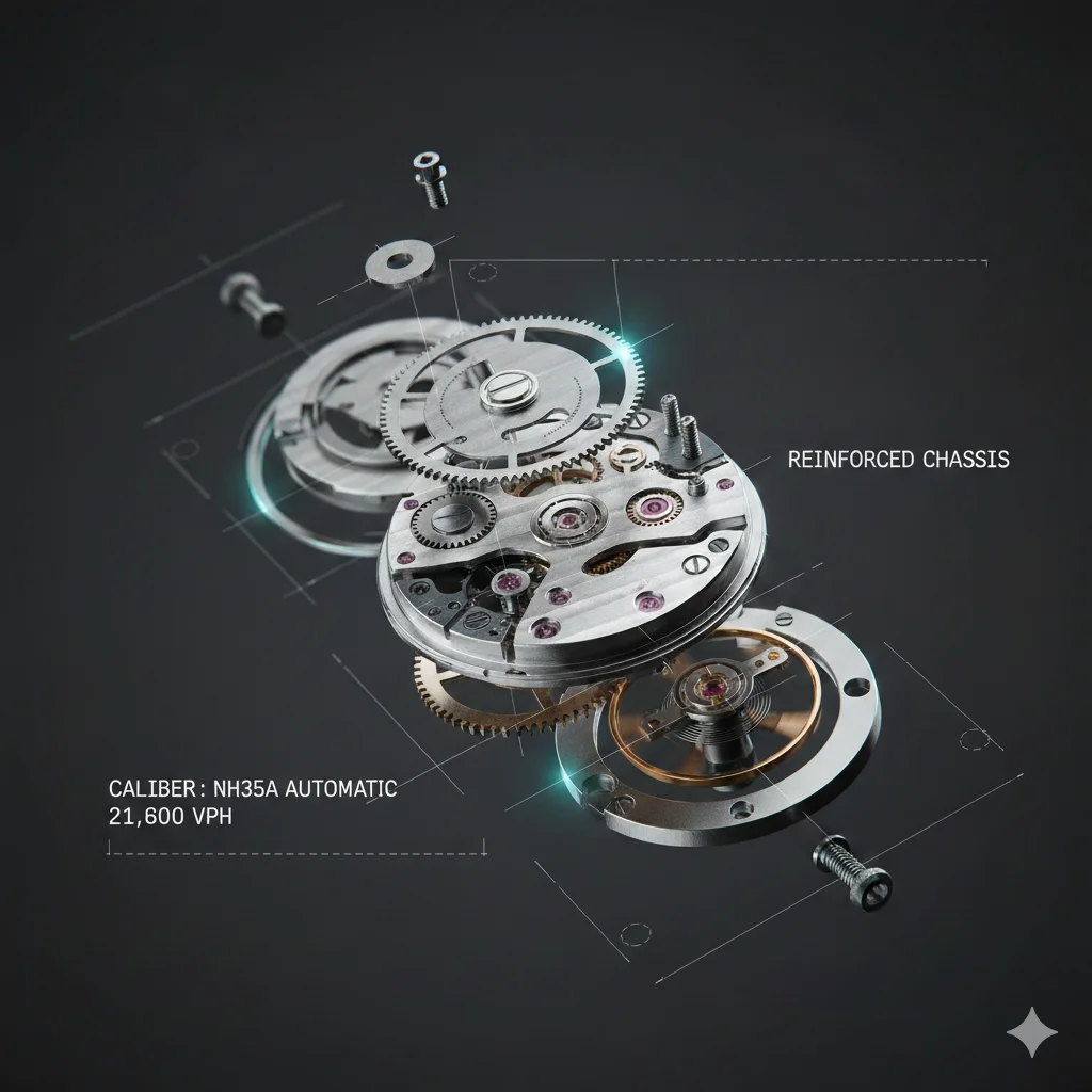 NH35A Calibre Exploded View - 21,600 VPH Automatic Movement with Reinforced Chassis